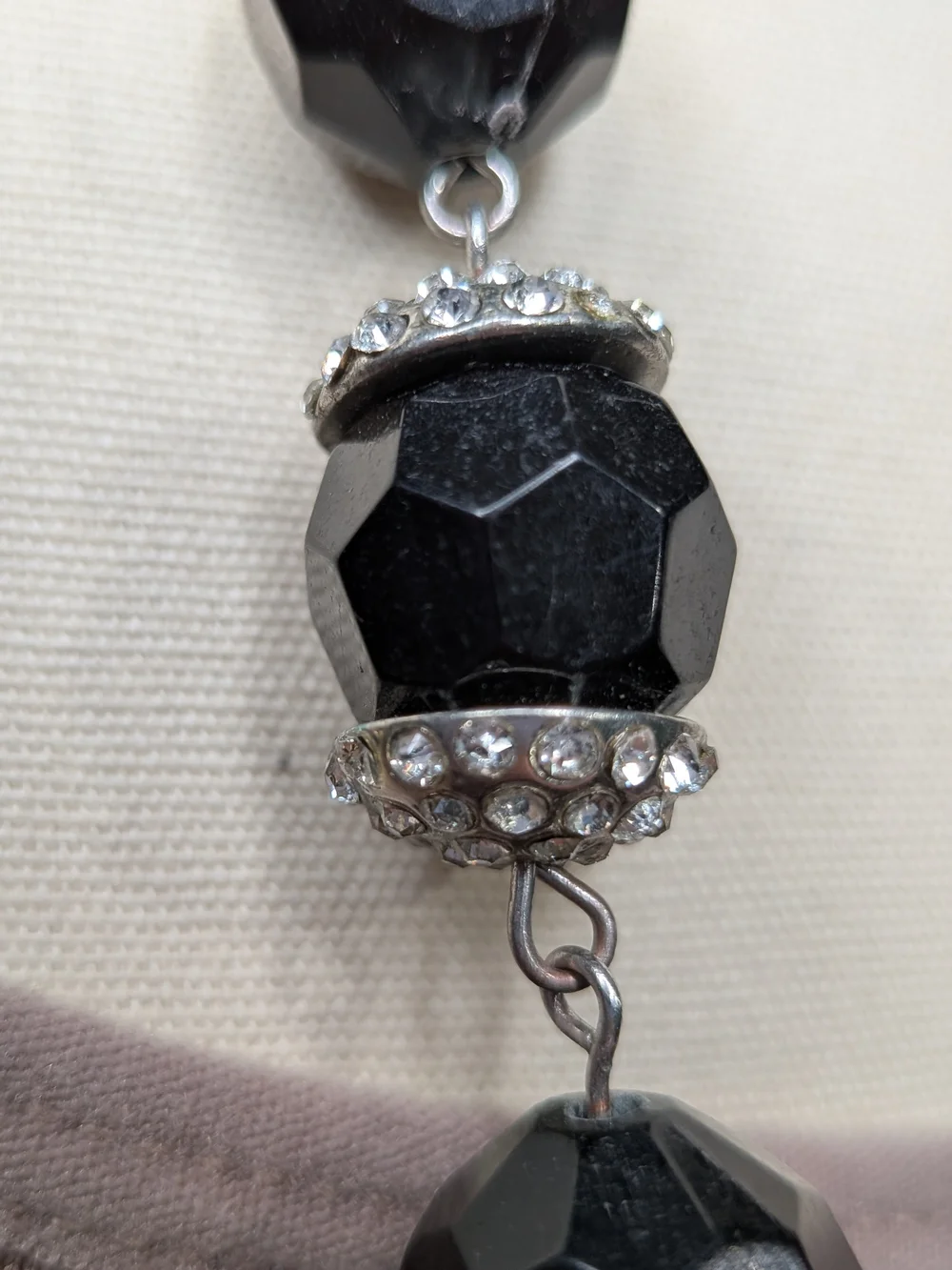 Long Faceted Black Bead Necklace Rhinestone Pave Accent Opera Length